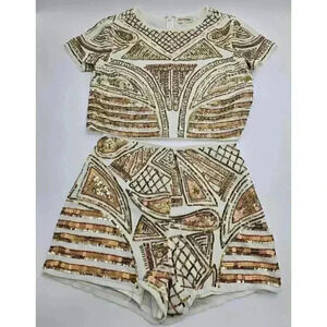 Miss Selfridge Women's 4 Cream and Gold Sequin Two-piece Short and Crop Set